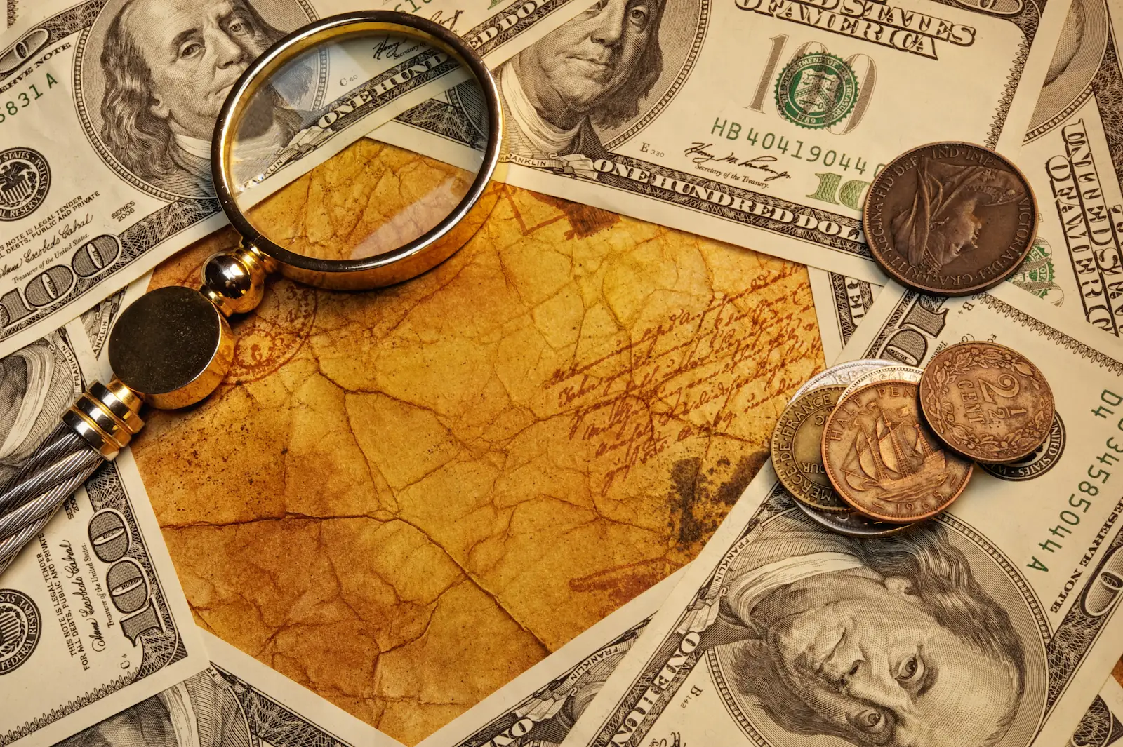 Table with paper dollars and numismatic on it